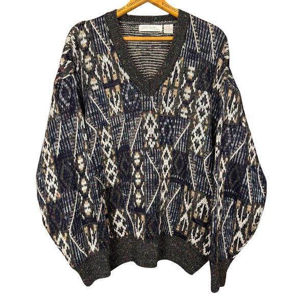 Vintage 90s Grandpa Sweater Knit Wool Blend Geometric Pullover Retro Slouchy - Picture 1 of 7